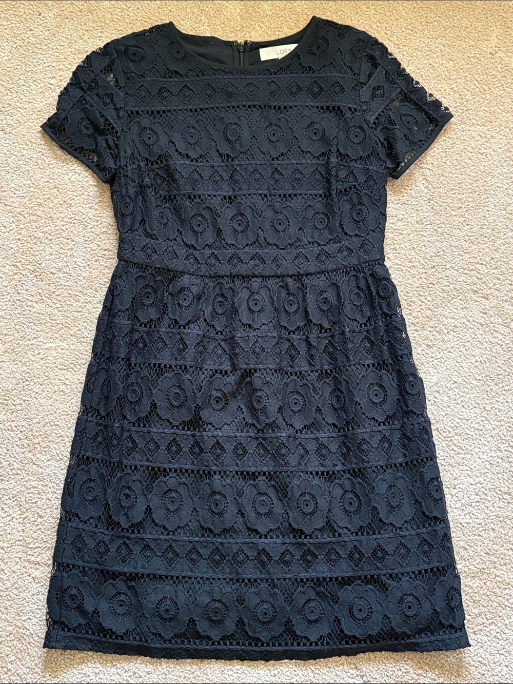 LOFT Black Floral Lace Short Sleeve Mini Dress
